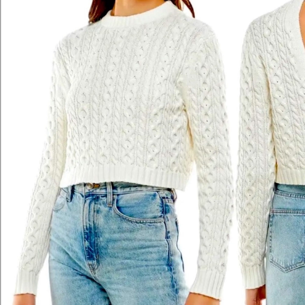 NWT WAYF Ivory Cropped Cable Knit Long Sleeve Sweater Back Cutout Size XS